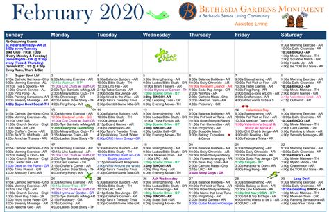 assisted living calendars of activities